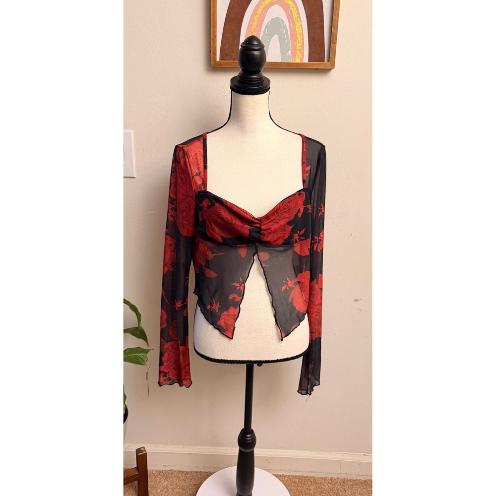 Unbranded Rose Mesh Top Womens XL Black Red Floral Sheer Long Sleeve Crop Blouse